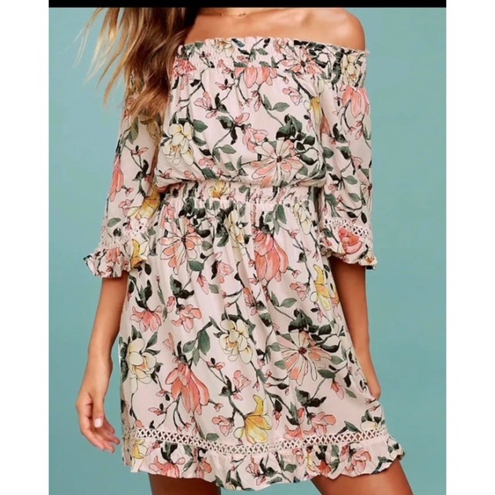 Lulus Floral Off The Shoulder Smocked Mini Dress Crochet Trim S